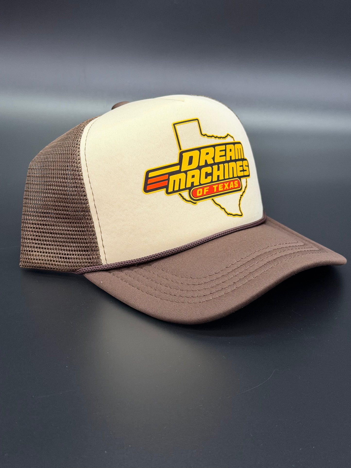 Khaki & Brown Foam Trucker Hat with Desert Racer Logo